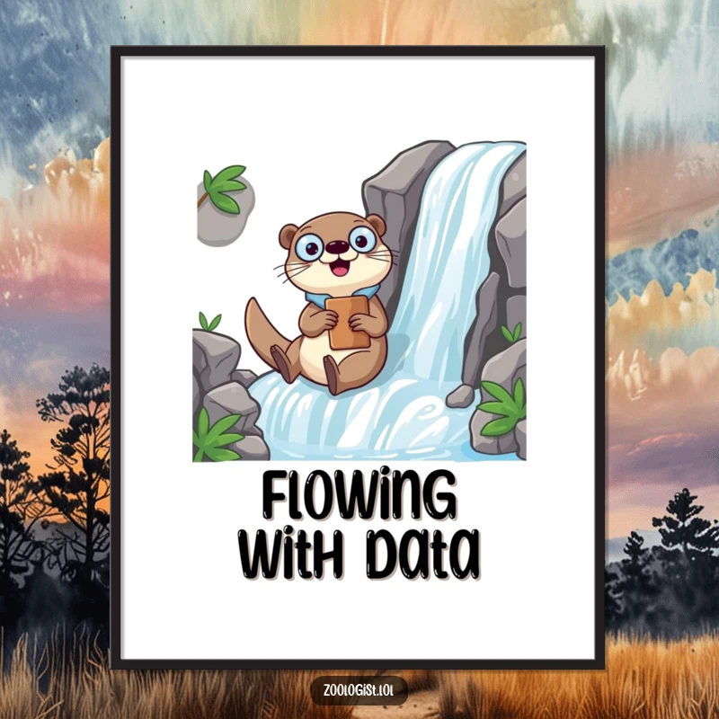 Funny Kawaii otter zoologist character sliding down a waterfall with a clipboard, humorous digital art print for adventurers.