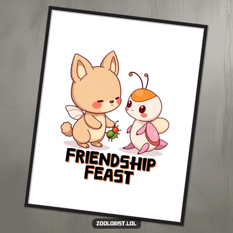 Funny digital art print of a cute animal character offering a friendly bug to another creature, offering instant friendship humor.