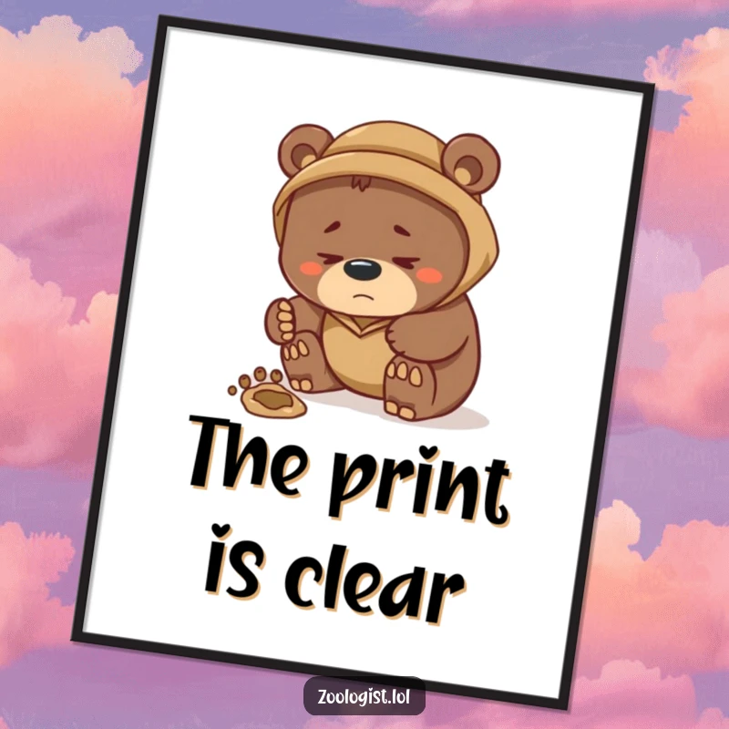 Funny digital art print of a serious bear zoologist examining a detailed footprint, capturing a humorous moment of investigative wildlife science.