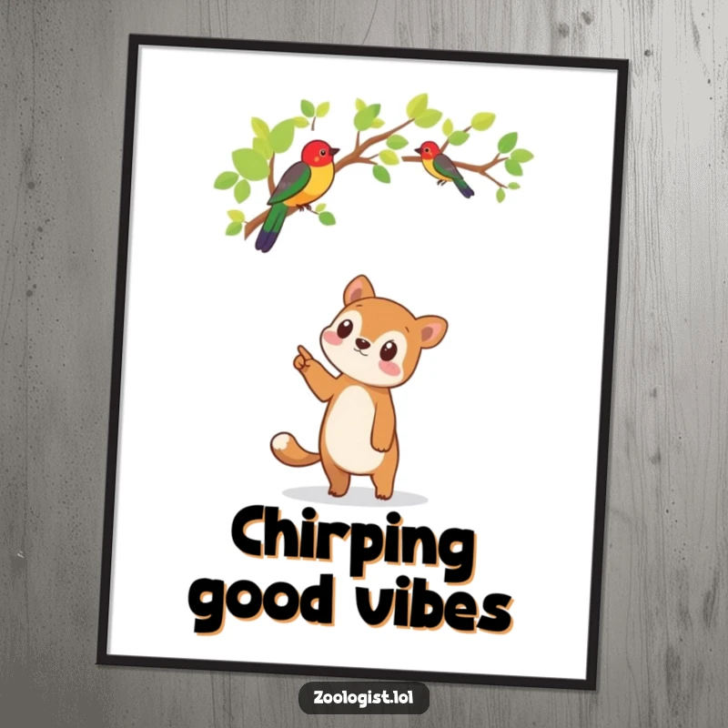 Funny digital art print of a cute animal character pointing with awe upwards at a vibrantly colored bird sitting on a tree branch.
