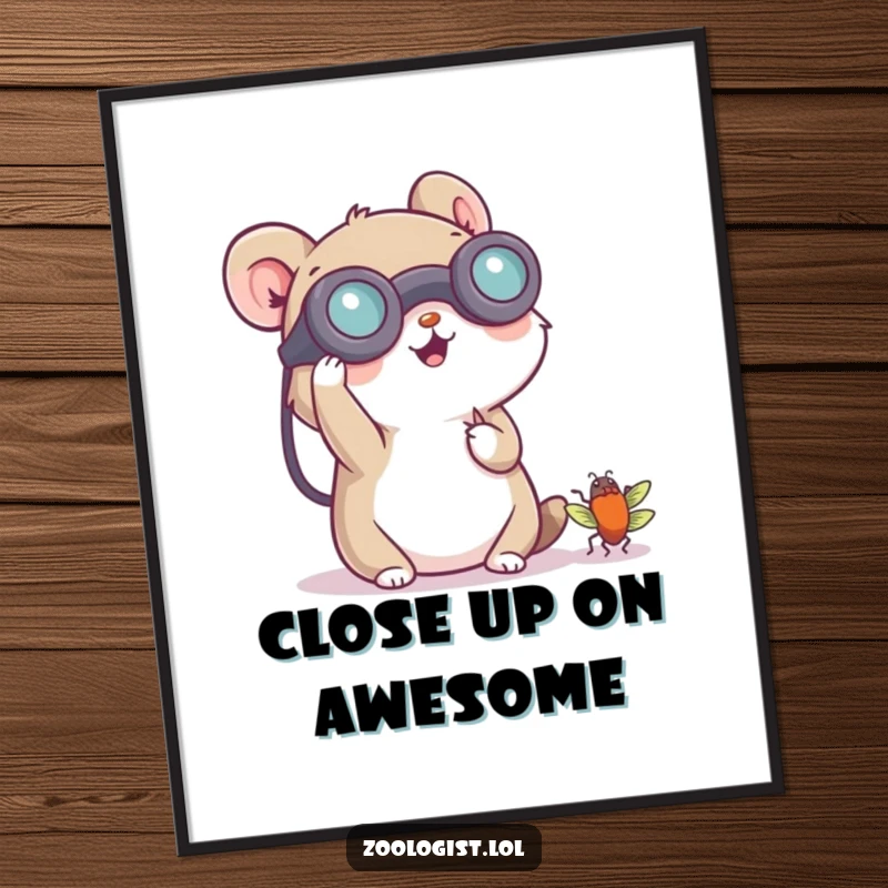 Funny digital art print of a small animal character cheerfully using binoculars to observe a tiny bug, perfect for nature room decor.