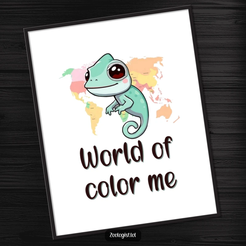 Funny chameleon digital art print of a chameleon blending into a vibrant, colorful world map, perfect for dynamic decor.