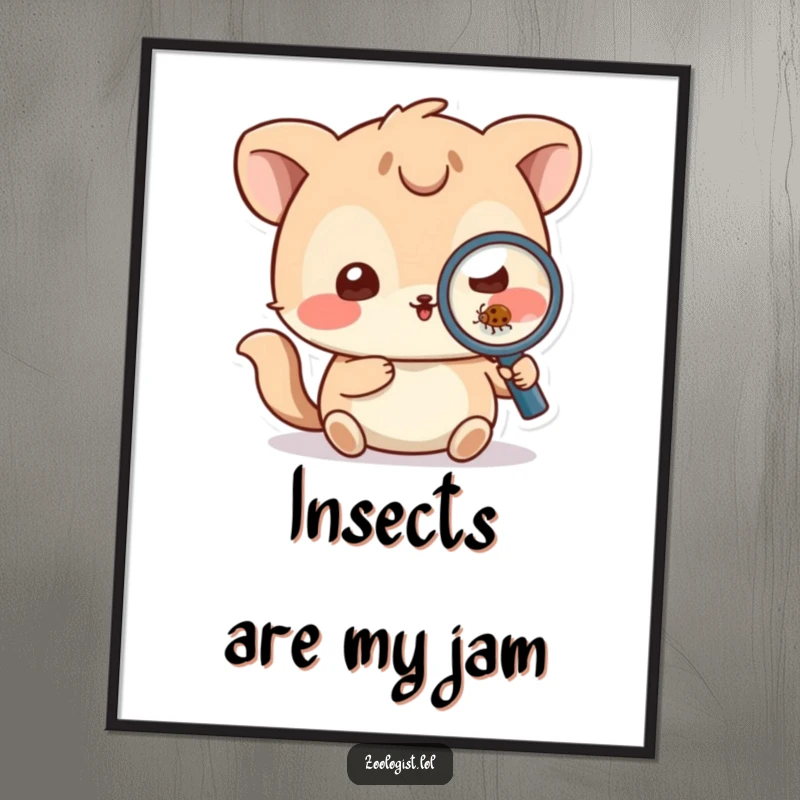 Funny Digital Art Print: Playful animal character using a magnifying glass to examine a small bug, offering whimsical decor.