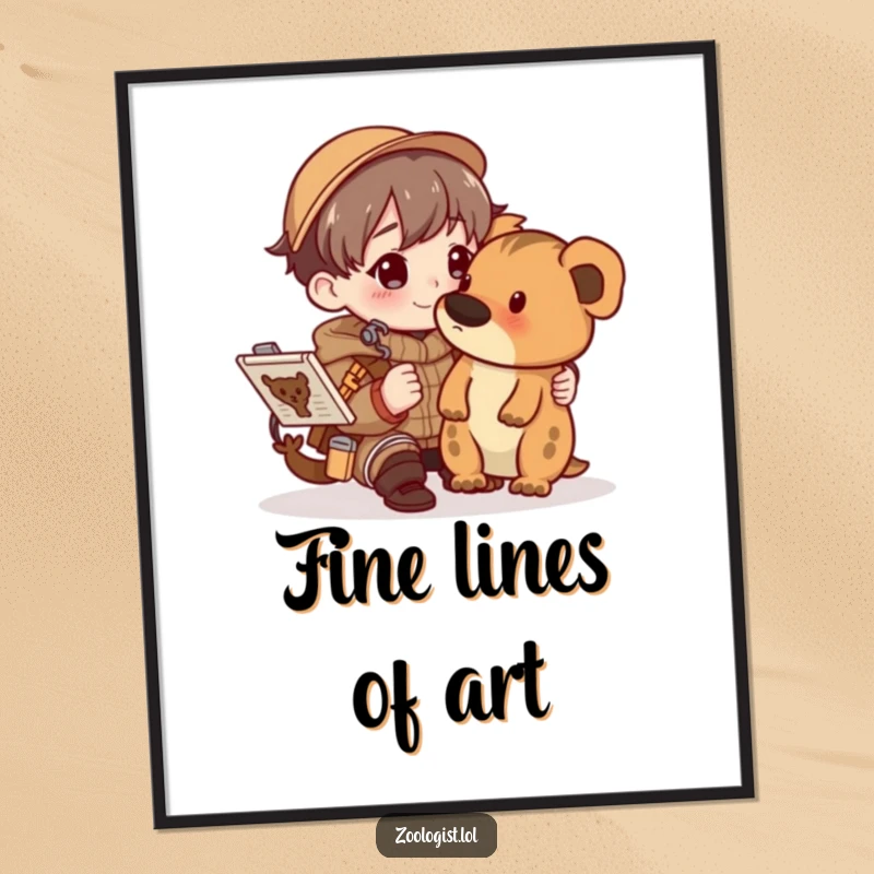 Funny character happily sketching an animal in a detailed field guide, presented as a high-resolution digital art print.