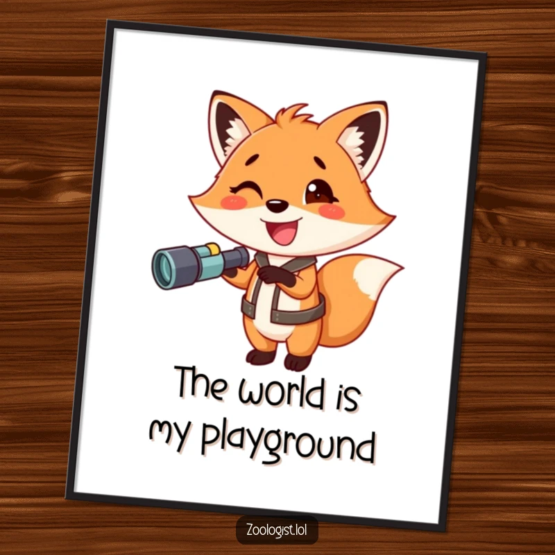 Funny fox digital art print, an excited fox with binoculars pointing, conveying excitement and adventure, ideal for instant home decor.
