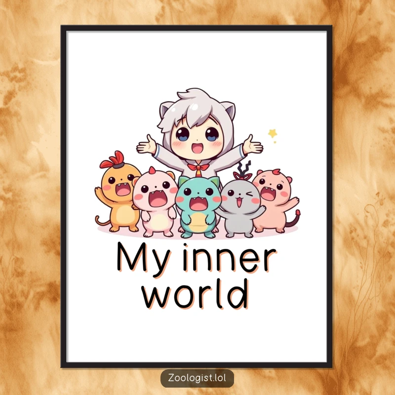 Funny digital art print of a character enthusiastically directing a vibrant gathering of imaginary, happy creatures, full of energy.