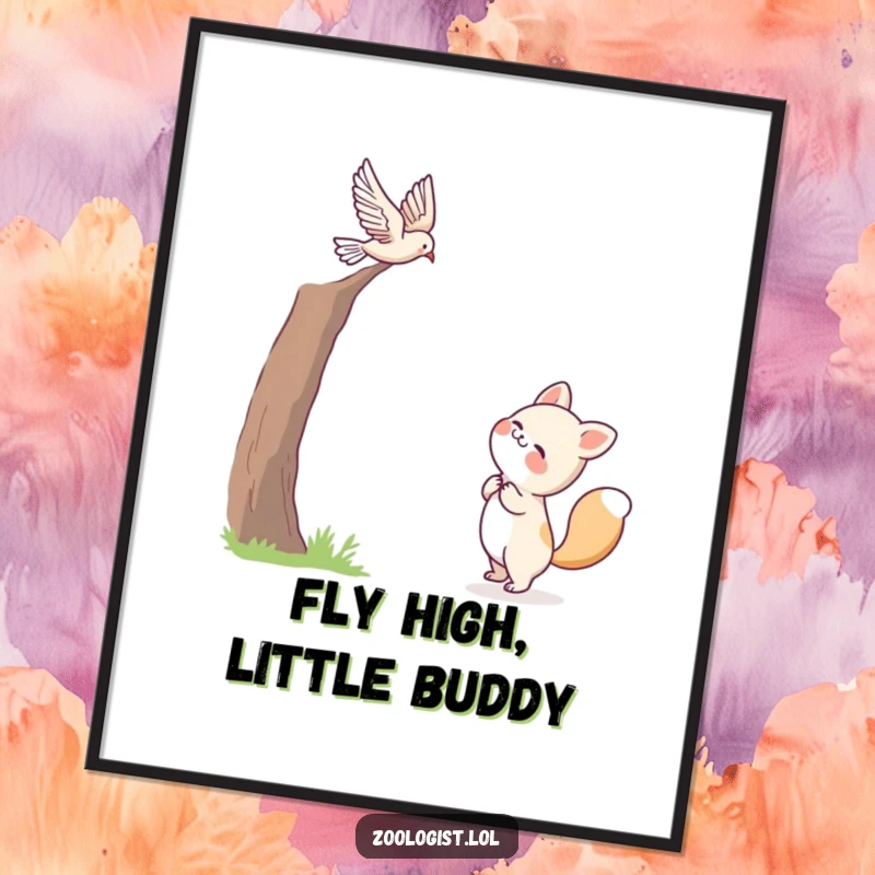 Funny digital art print of a cute animal character joyfully watching a bird in flight, perfect for adding cheerful and serene wall decor.