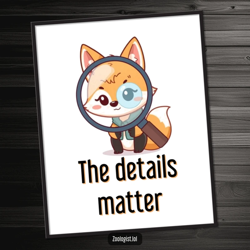 Funny Kawaii Fox Zoologist Digital Art: A playful fox scientist peeks through a magnifying glass, ideal for funny instant decor.