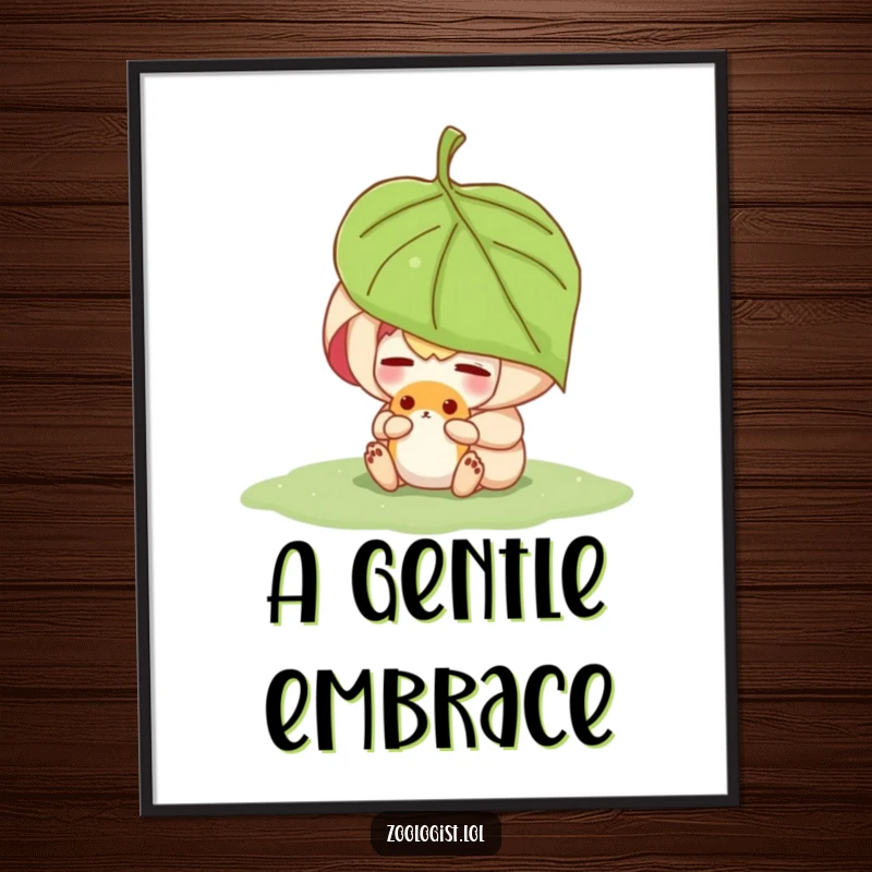 Funny character sheltering a small animal under a leaf, presented as a high-resolution digital art print.