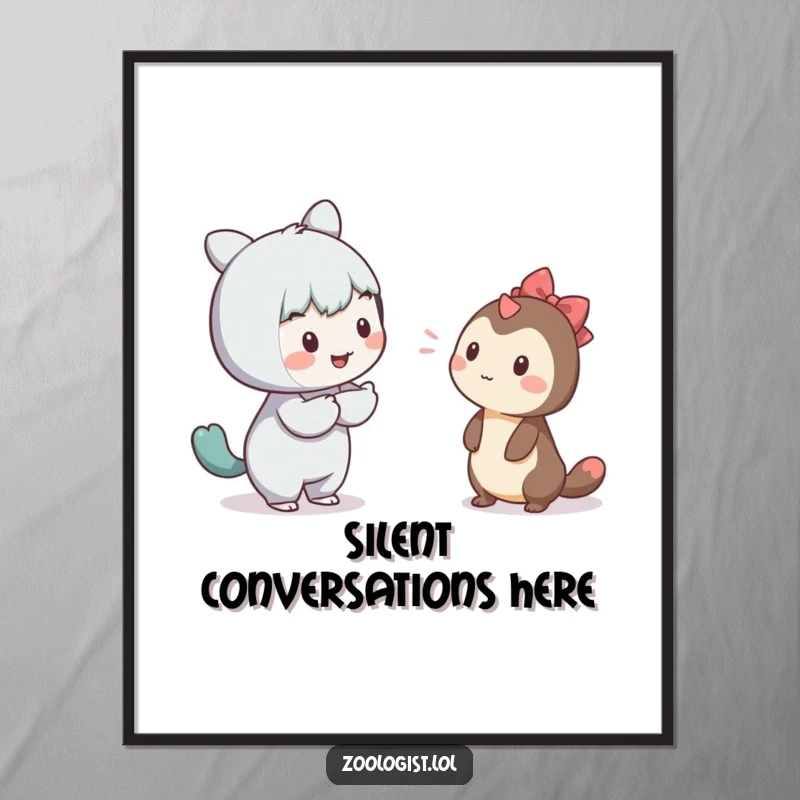 Funny digital art print of a character gently trying to communicate with a shy creature, perfect for framing.