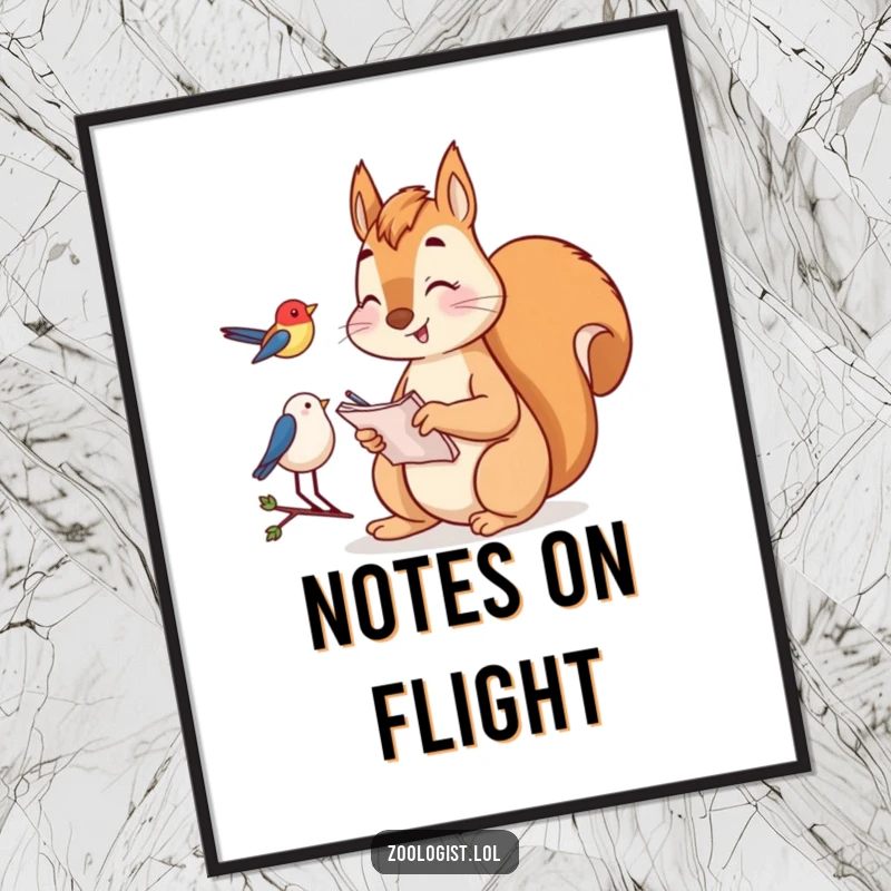 Funny Digital Art Print: Happy squirrel taking notes while watching a bird, a charming and humorous printable for decor.