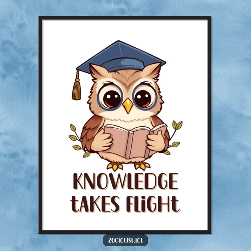 Funny Kawaii Owl Zoologist Digital Art: A graduate owl reads a book, ideal for funny intellectual instant decor.