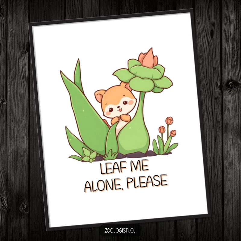 Funny digital art print of a cute animal character curiously poking a giant plant, perfect for adding playful wall decor to any room.