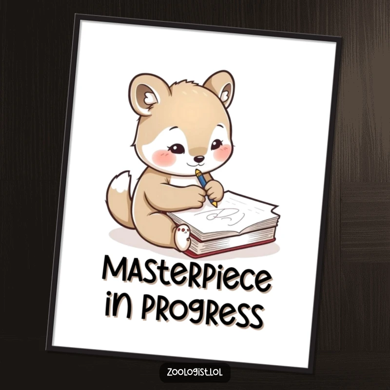 Funny digital art print of a cute animal character concentrating on sketching another animal in a notebook, embodying artistic focus and creative passion.