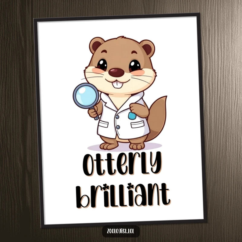 Funny digital art print of a happy otter character in a lab coat holding a magnifying glass, humorous art.