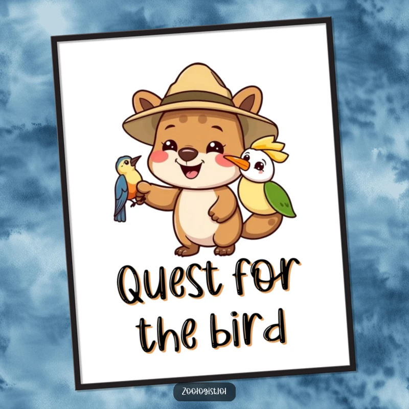 Funny digital art print of a happy animal in a safari hat pointing at a bird, capturing a joyous moment of discovery.