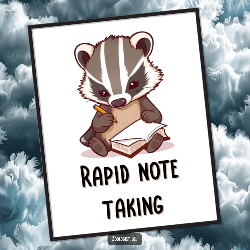 Funny curious badger zoologist scribbling notes rapidly in a tiny book, printable digital art, research humor, perfect funny gift.