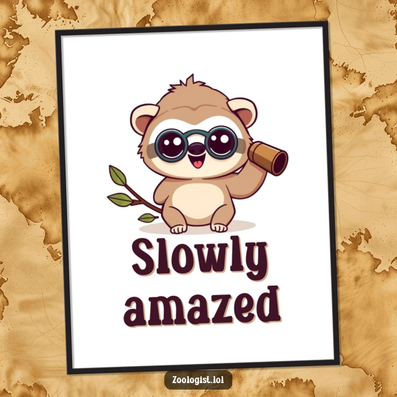 Funny happy Kawaii sloth zoologist character wearing binoculars, looking amazed, downloadable art, perfect funny gift.