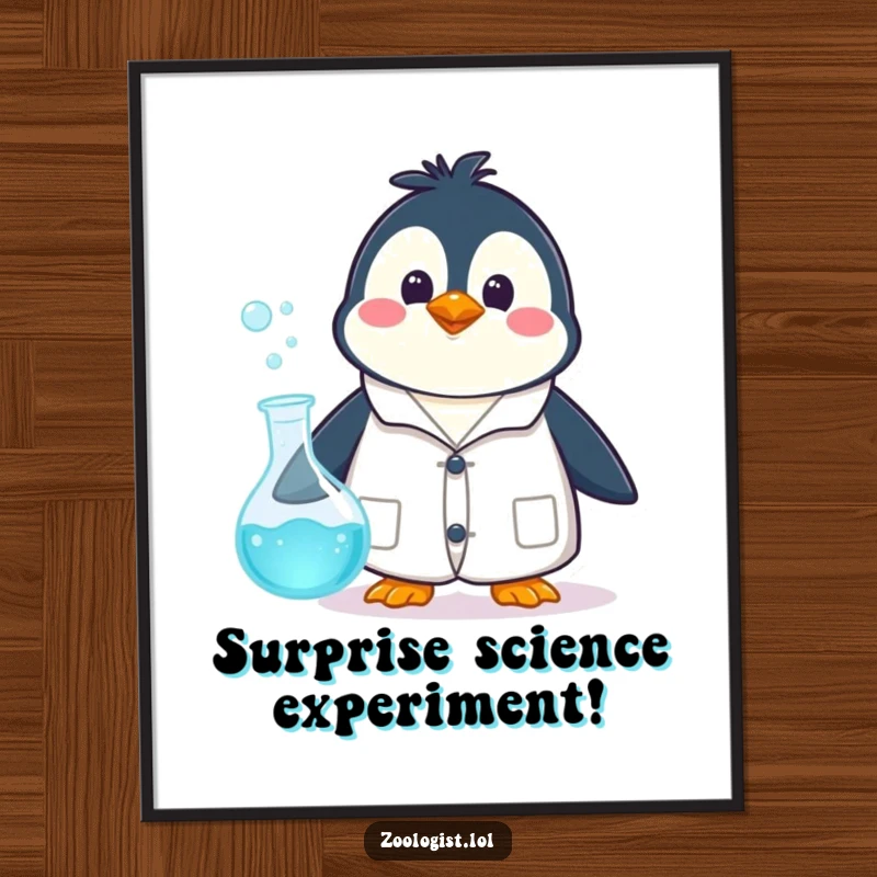 Funny happy penguin character in a lab coat, surprised by a bubbling beaker, digital art print for humorous wall decor.