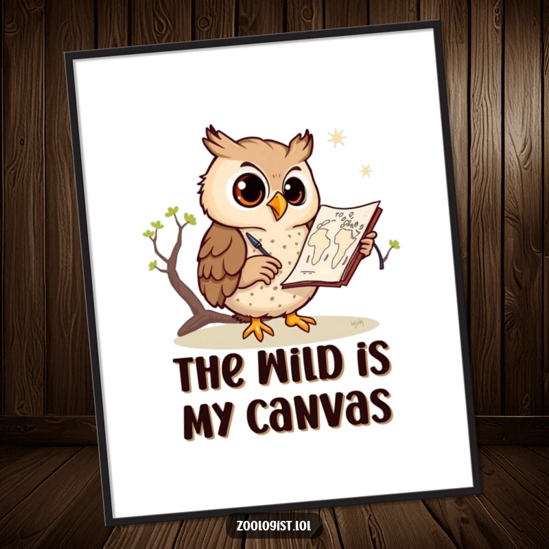 Funny owl digital art print, a cheerful owl sketching a detailed savanna map, whimsical and inspiring, ideal for immediate home decor.