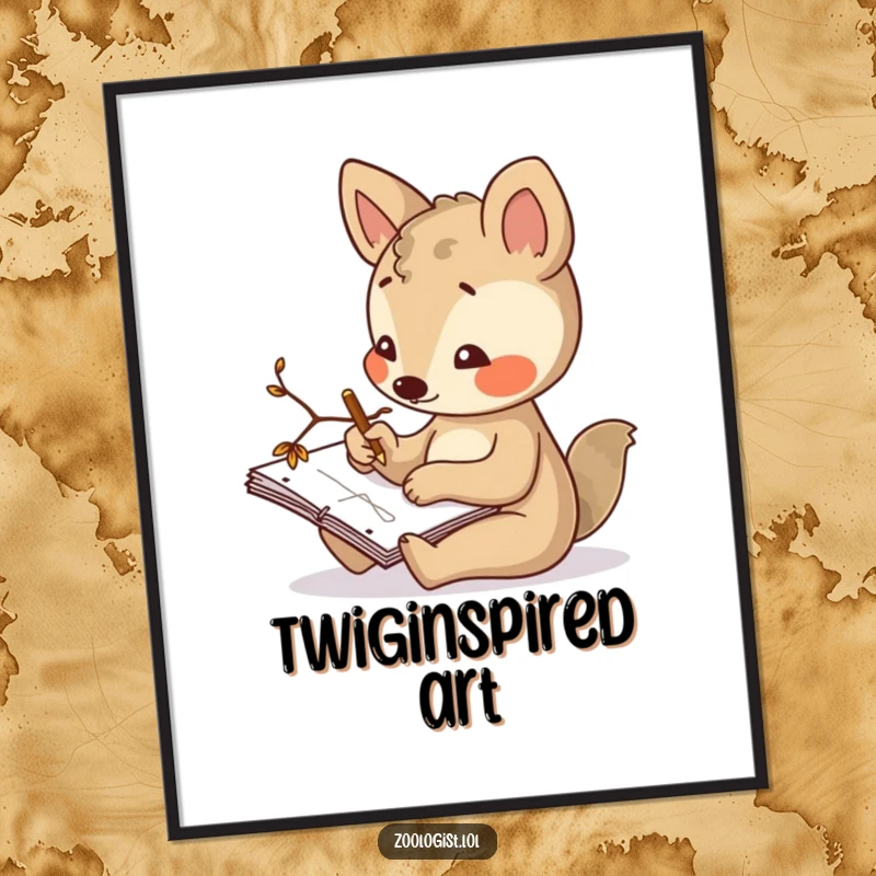 Funny digital art print of a curious animal character sketching in a notepad with a twig, representing focus and the creative process.