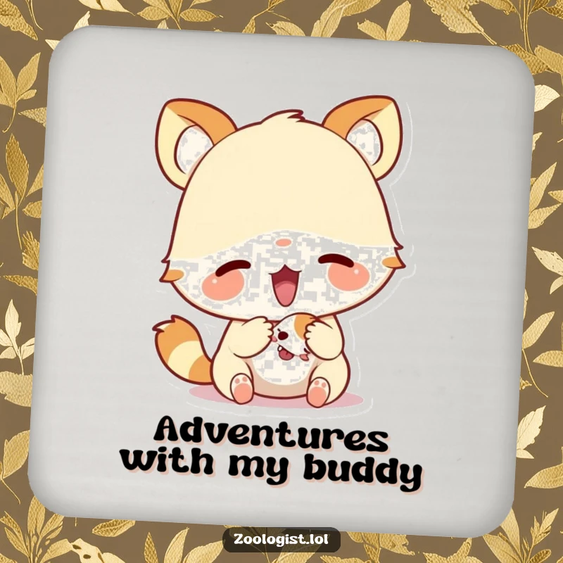 Funny drink coaster featuring a cute animal character excitedly examining a tiny creature, adding a touch of whimsical charm to any table.