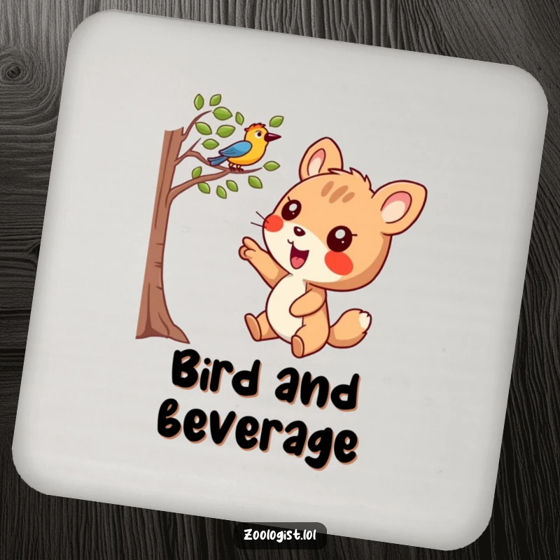 Funny Coaster: Joyful animal character pointing excitedly at a bird in a tree, adding humor to tabletops.