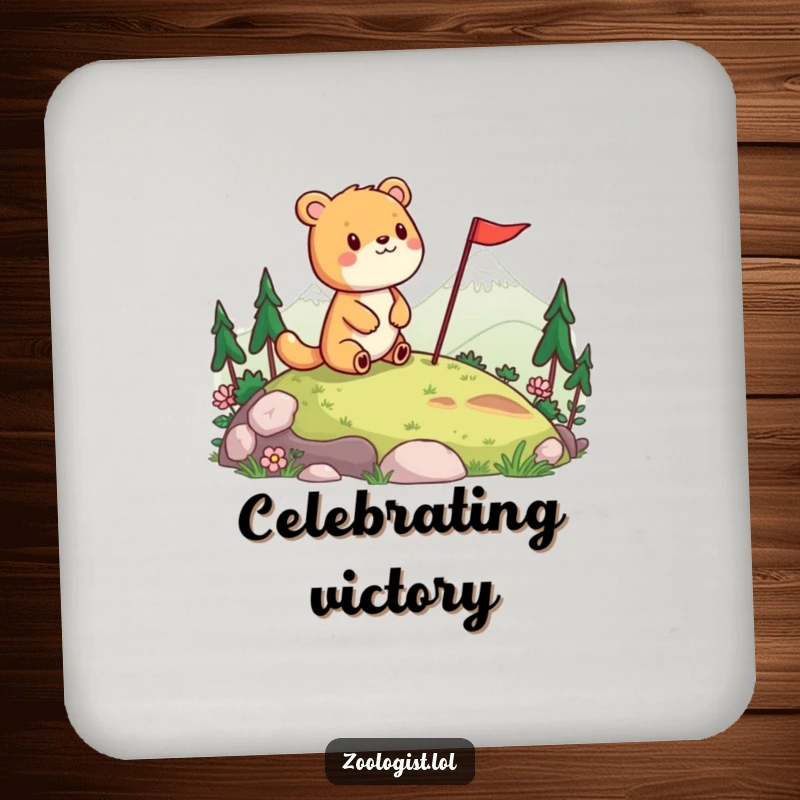 Funny drink coaster depicting a cheerful animal surveying a landscape and planting a flag, offering humorous surface protection.