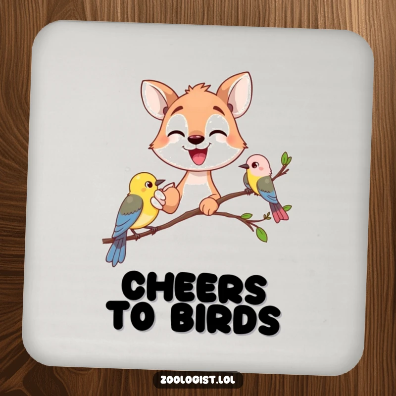 Funny happy animal gazer pointing excitedly at a small bird, protective drink coaster, nature humor, perfect funny gift.