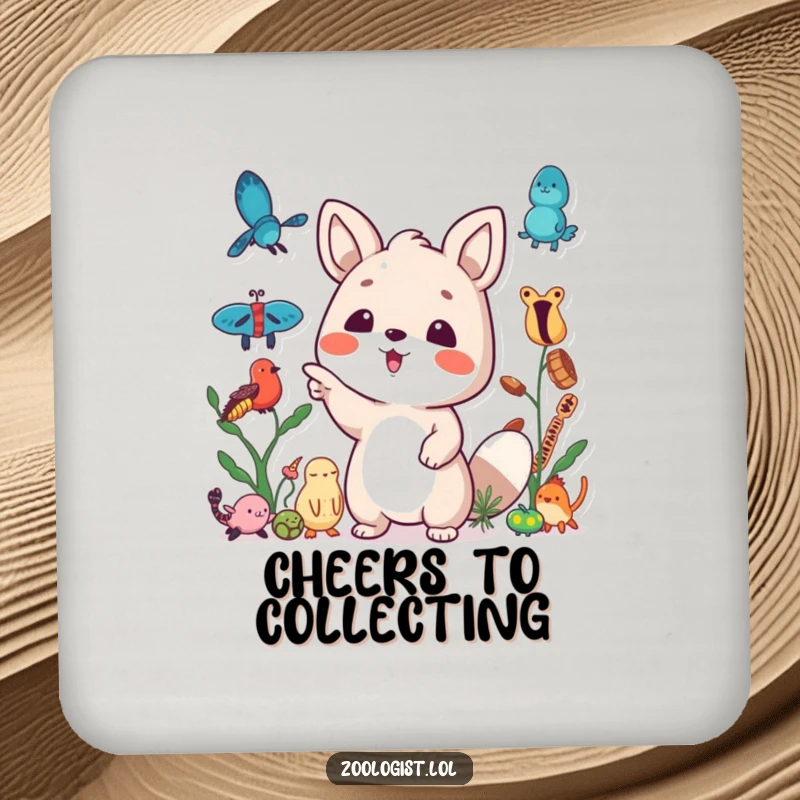 Funny drink coaster featuring a cute animal character excitedly pointing at a collection of diverse specimens, ideal for collectors.