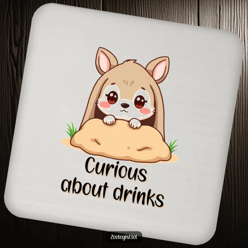 Funny Drink Coaster: Cute animal character peering into a burrow with a quizzical expression, protecting the surface.