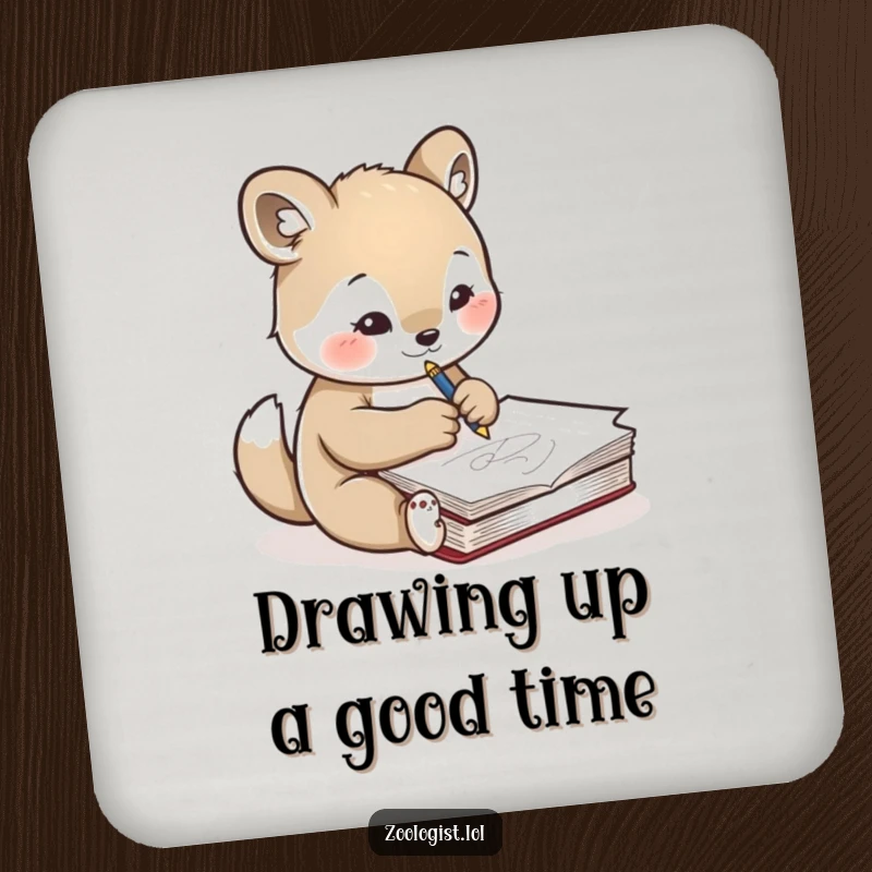 Funny drink coaster with a cute animal character concentrating on sketching another animal, embodying artistic dedication and adding a touch of humor.