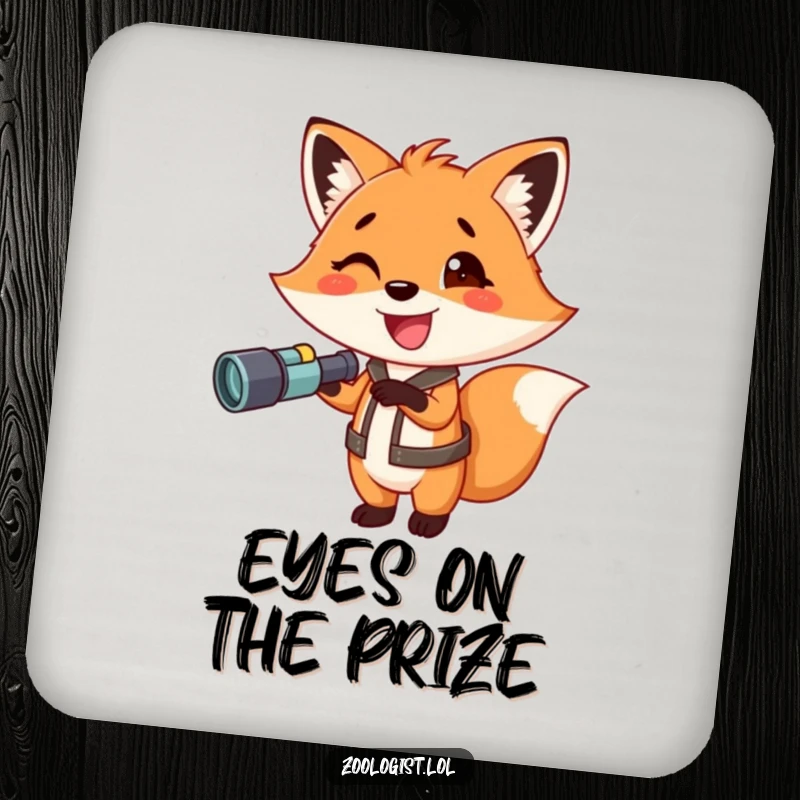 Funny fox drink coaster, an excited fox with binoculars pointing, protecting surfaces with a sense of adventure, perfect for any setting.