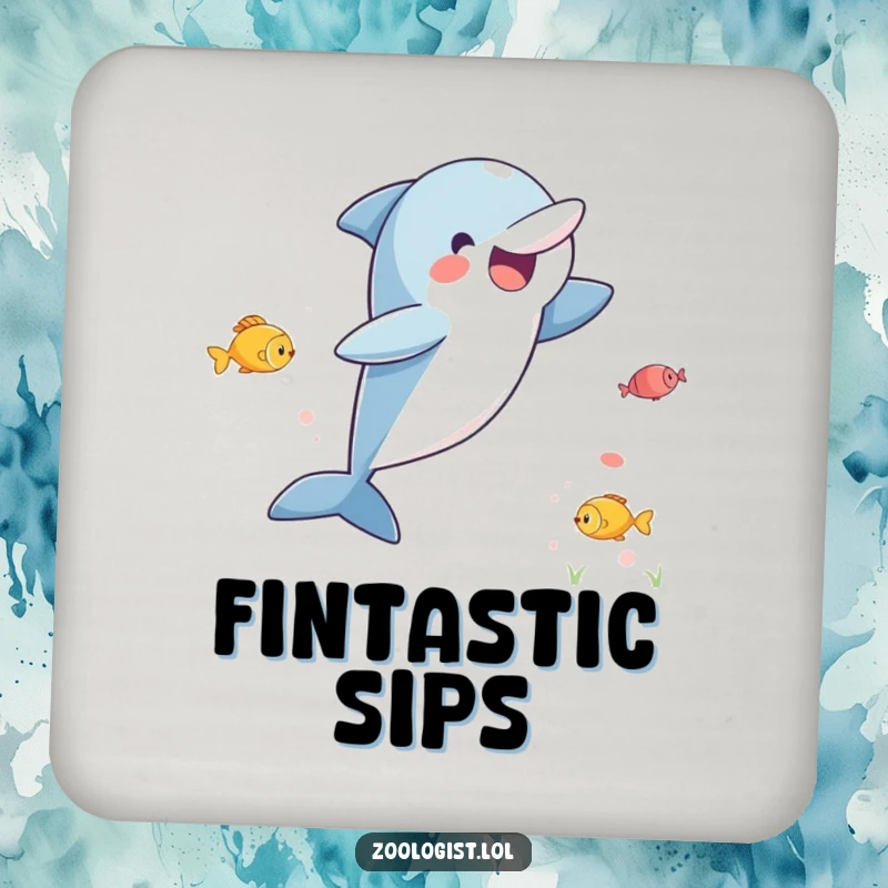 Funny drink coaster with a depiction of an excited dolphin leaping joyfully while observing fish, protecting surfaces with humor.