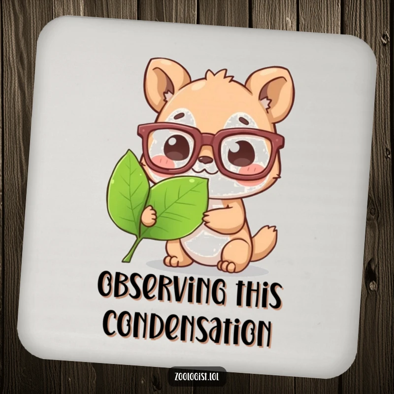 Funny Coaster: Cute animal character in oversized glasses, examining a leaf, adding a humorous vibe to tabletops.