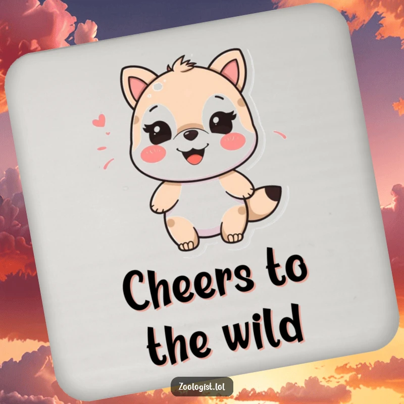 Funny character joyfully imitating an animal sound with a happy smile, a humorous and protective coaster.