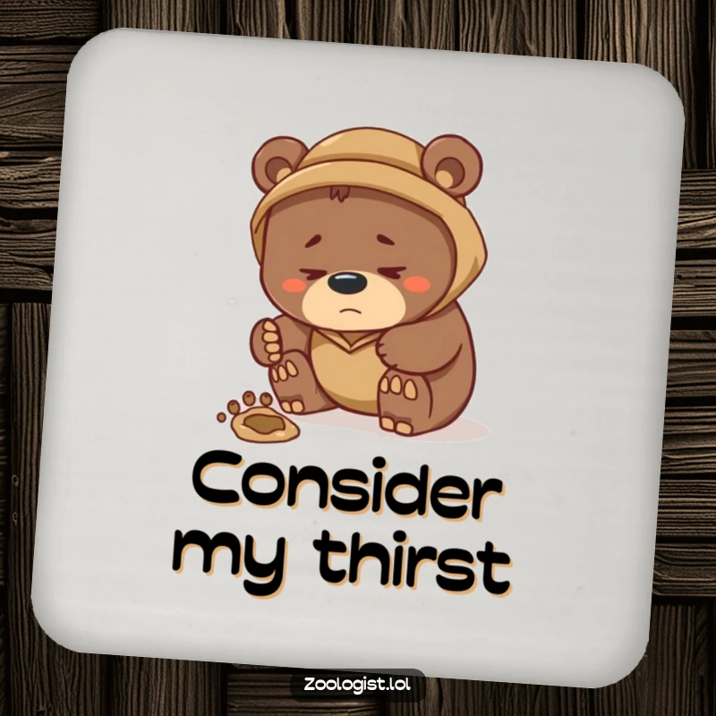 Funny drink coaster showcasing a thoughtful bear zoologist scrutinizing a footprint, a humorous accessory for any beverage setting.