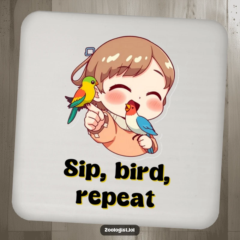 Funny drink coaster depicting a character excitedly pointing at a bright, colorful bird resting on their finger, radiating happiness.