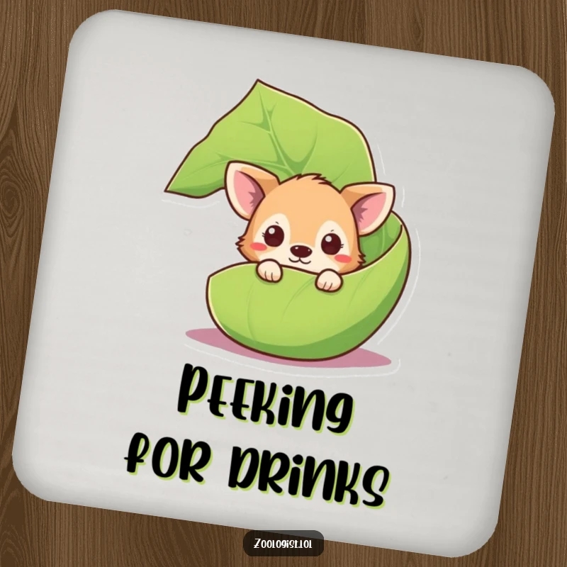 Funny curious animal drink coaster with a cute creature peeking from behind a giant leaf, protecting tables humorously.