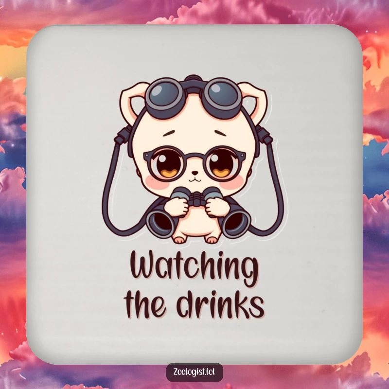 Funny character wearing binoculars around their neck, looking curious, displayed on a round drink coaster with an explorer theme.