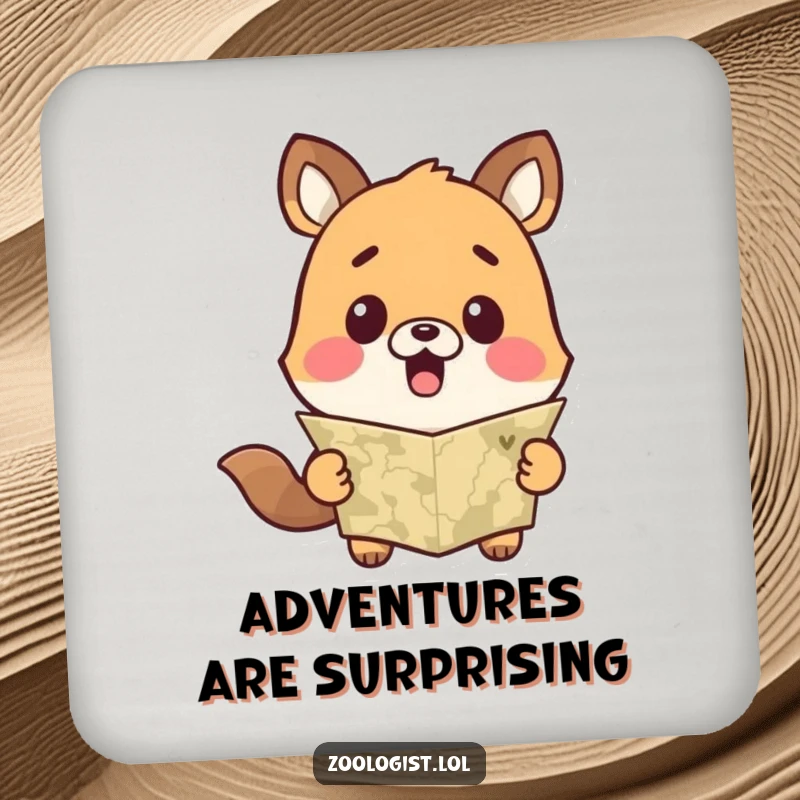 Funny drink coaster featuring a cute animal character showing surprise while looking at a map, adding a touch of humor to any table.