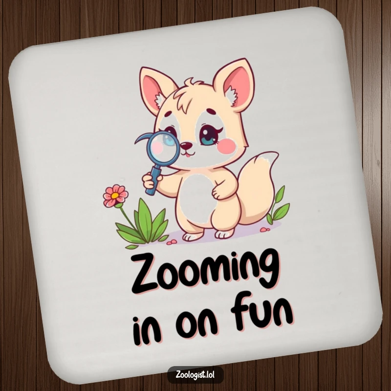 Funny drink coaster with a cute animal character holding a magnifying glass, proudly focused on a wildflower, adding a touch of nature's whimsy.