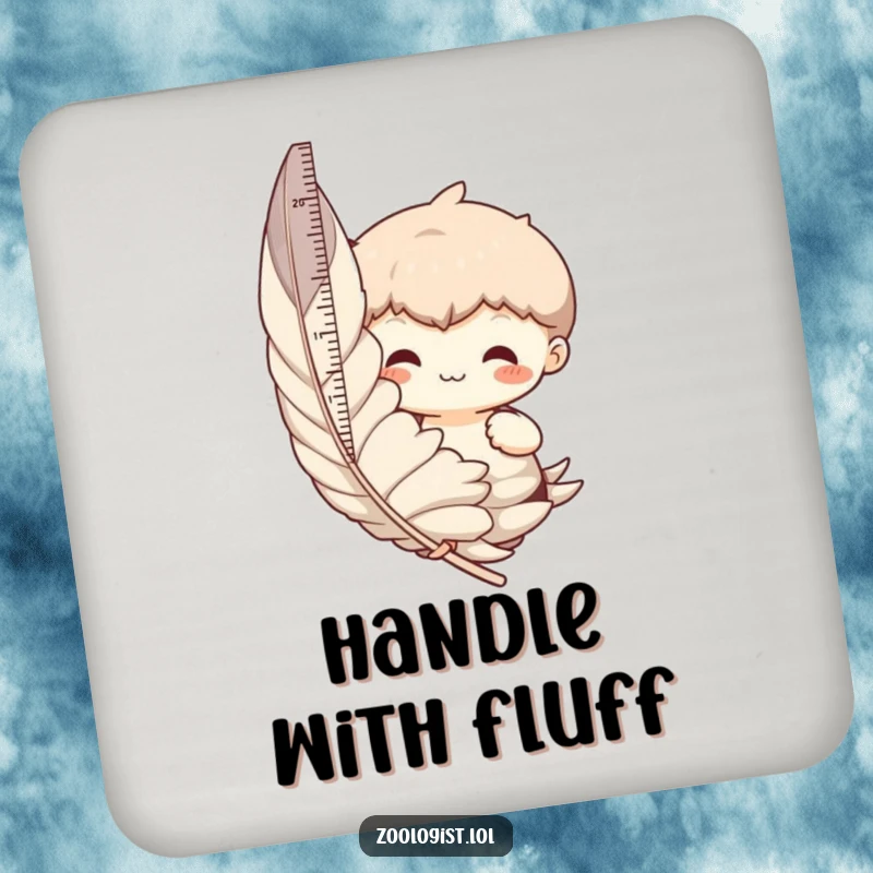 Funny drink coaster with a character humorously measuring a giant feather, protecting surfaces with a smile.