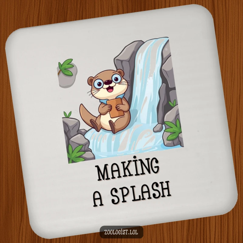 Funny Kawaii otter zoologist character sliding down a waterfall with a clipboard, a humorous and protective drink coaster for adventurers.