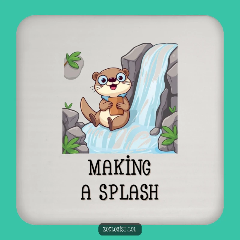 Funny Kawaii Otter Zoologist Drink Coaster: Waterfall Slide Decor