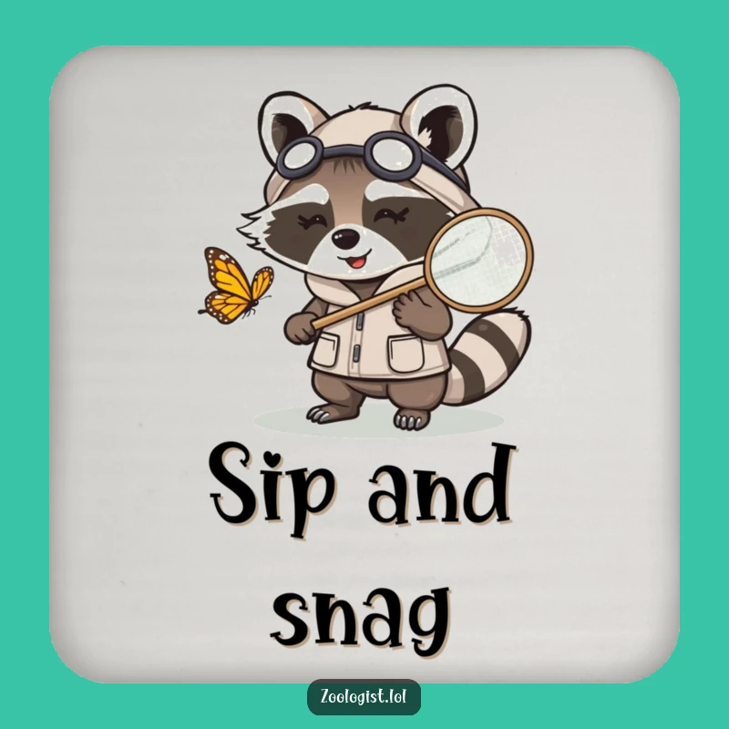 Funny Kawaii Raccoon Zoologist Drink Coaster: Cute Butterfly Net Decor