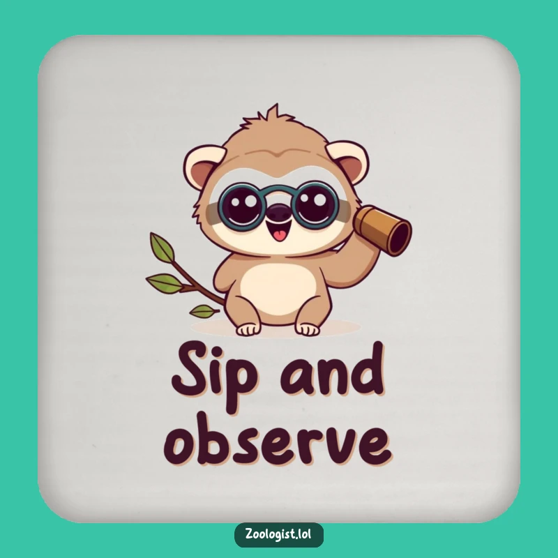 Funny Kawaii Sloth Zoologist Coaster: Happy Amazed View, Housewarming Gift