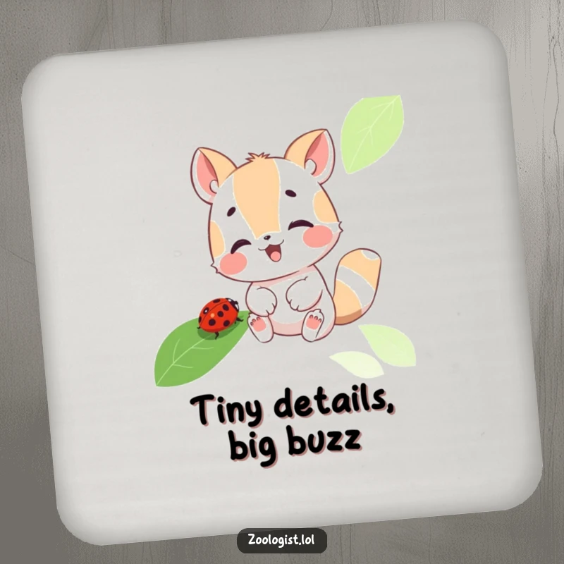 Funny drink coaster with a cute animal character focused on a ladybug on a leaf, providing a humorous and protective touch to surfaces.