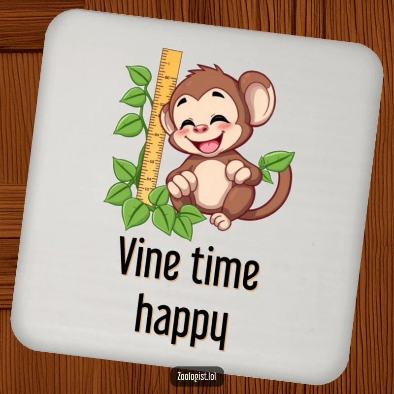 Funny giggling monkey character trying to measure a vine with a ruler, on a drink coaster for table protection.