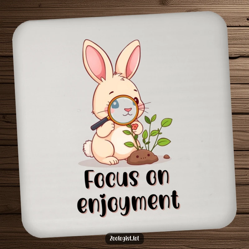 Funny Coasters: Cute rabbit examining a plant with a magnifying glass, adding botanical humor and surface protection.